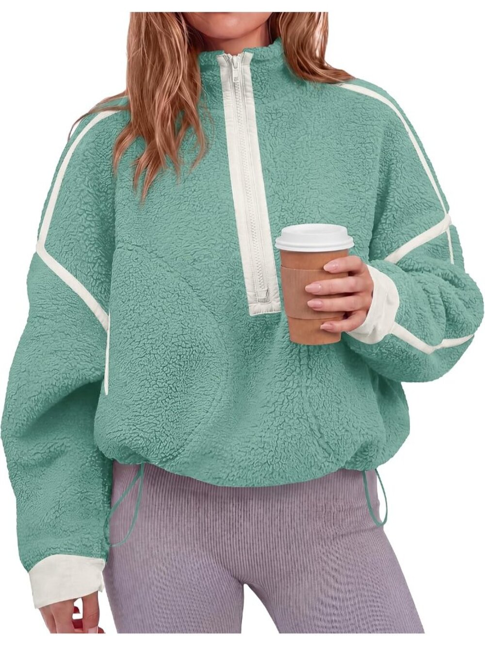 Women's Sage Green Mock Neck Imported Half Zip Sherpa Fleece Pullover Sweatshirt